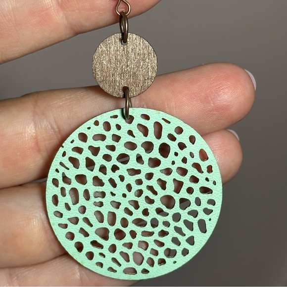 3/$25 NEW BOUTIQUE Faux Leather Mint Laser Cut Drop Dangle Boho Chic Earrings - Picture 4 of 6